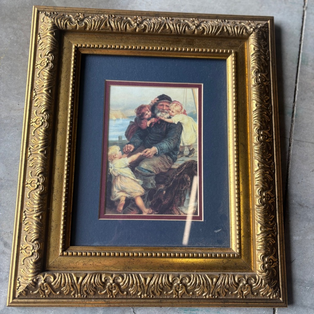 Vintage Ornate Gold Framed Maritime Print Fisherman and Children Nautical Art